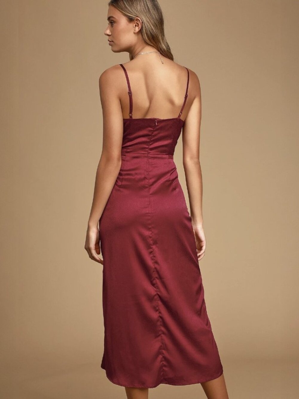 NWT Lulus Just a Dash Burgundy Satin High-Low Midi Dress (size XS) - Picture 3 of 9